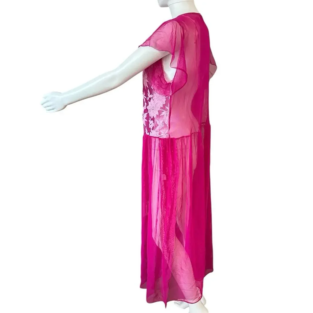 Vince Camuto Sz M Floral Embroidered Mesh Sheer Overlay Dress Pink Purple Maxi - Picture 3 of 9